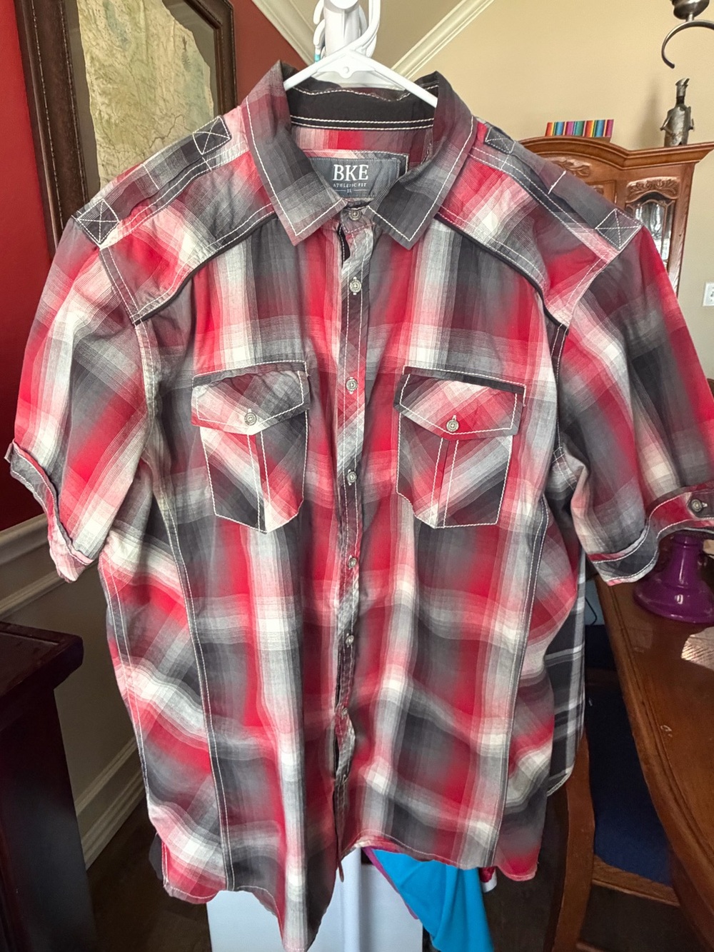 BKE Red and Gray Plaid Short-Sleeve Button-Up Shirt